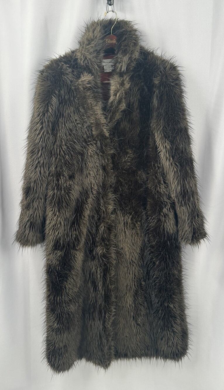 Newport News Faux Fur Coat Large Brown Long Lined Vegan Mob Wife Old Hollywood